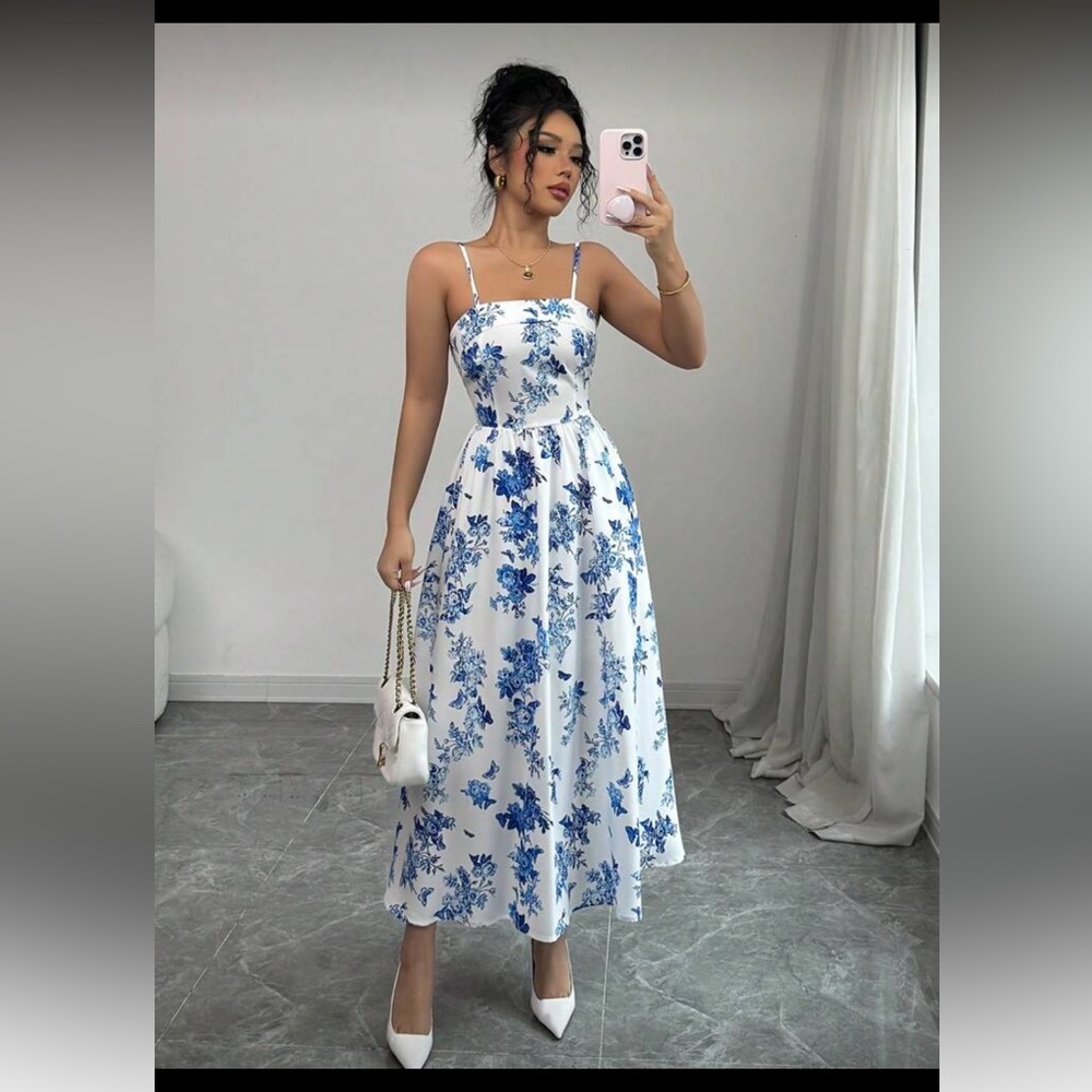 White and blue floral dress
